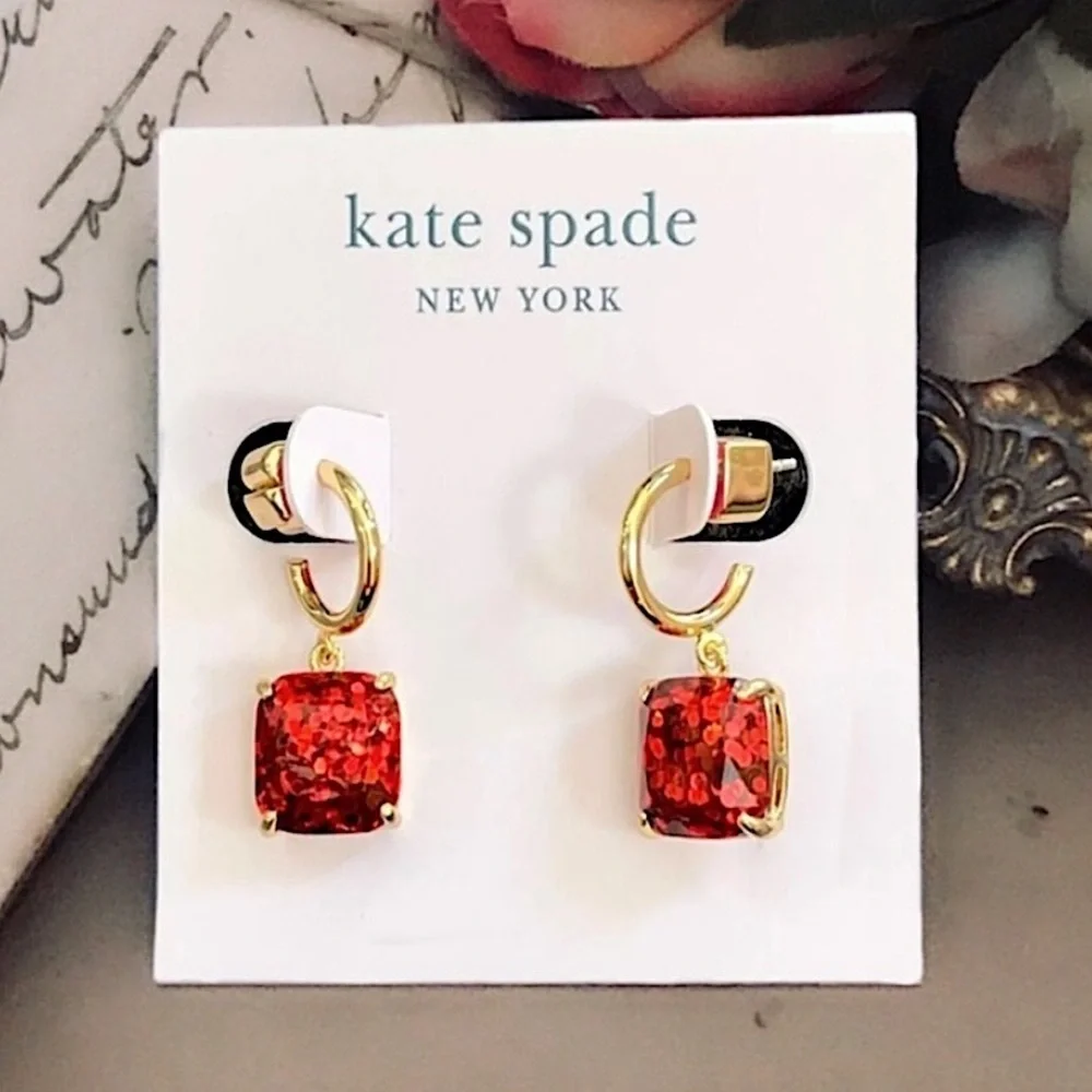 KATE SPADE • Squared Away Red Glitter Huggies Hoop Earrings - Picture 5 of 5